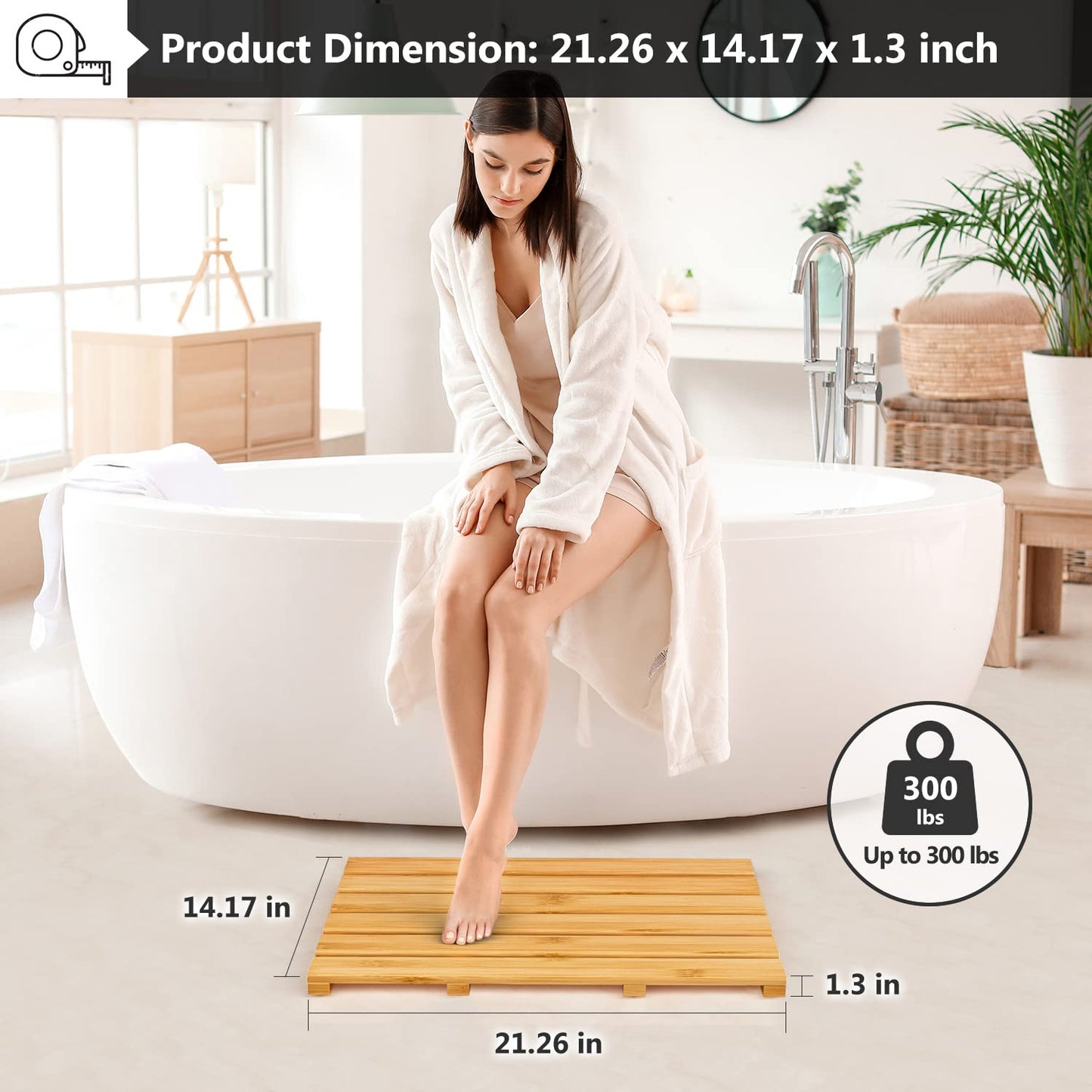 Domax Bamboo Bath Mat for Bathroom - Shower Mat Non Slip Waterproof Wooden Shower Floor Mat for Doorway Sauna Spa Yard Patio Pool Outdoor Use (Natural, 21.26 x 14.17 x 1.3 Inch) - WoodArtSupply