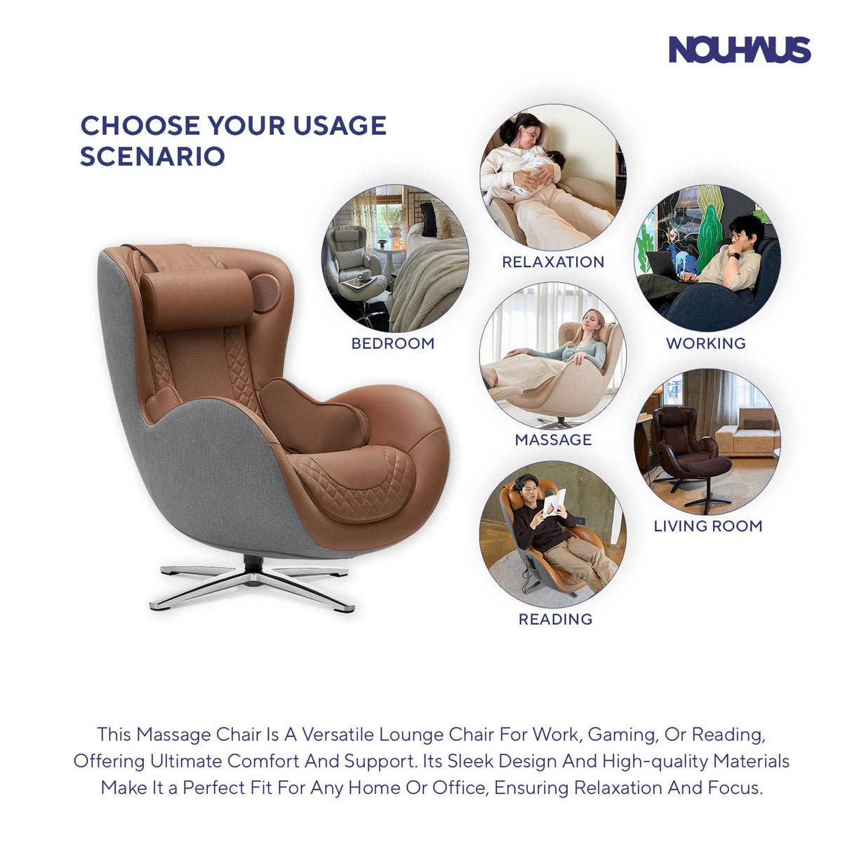 Nouhaus Classic Massage Chair with Ottoman – Caramel Leather Recliner with Percussive Shiatsu Massager, Built-in Speaker & Full Body Spot Massage – Ultimate Comfort for Home & Office Nouhaus