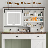 White Vanity with 4 Drawers & Shelves, 42.1'' Farmhouse Makeup Vanity Desk Featuring a Sliding Mirror and Lights, a Rustic Big Vanity Set Suitable for The Bedroom. wanan