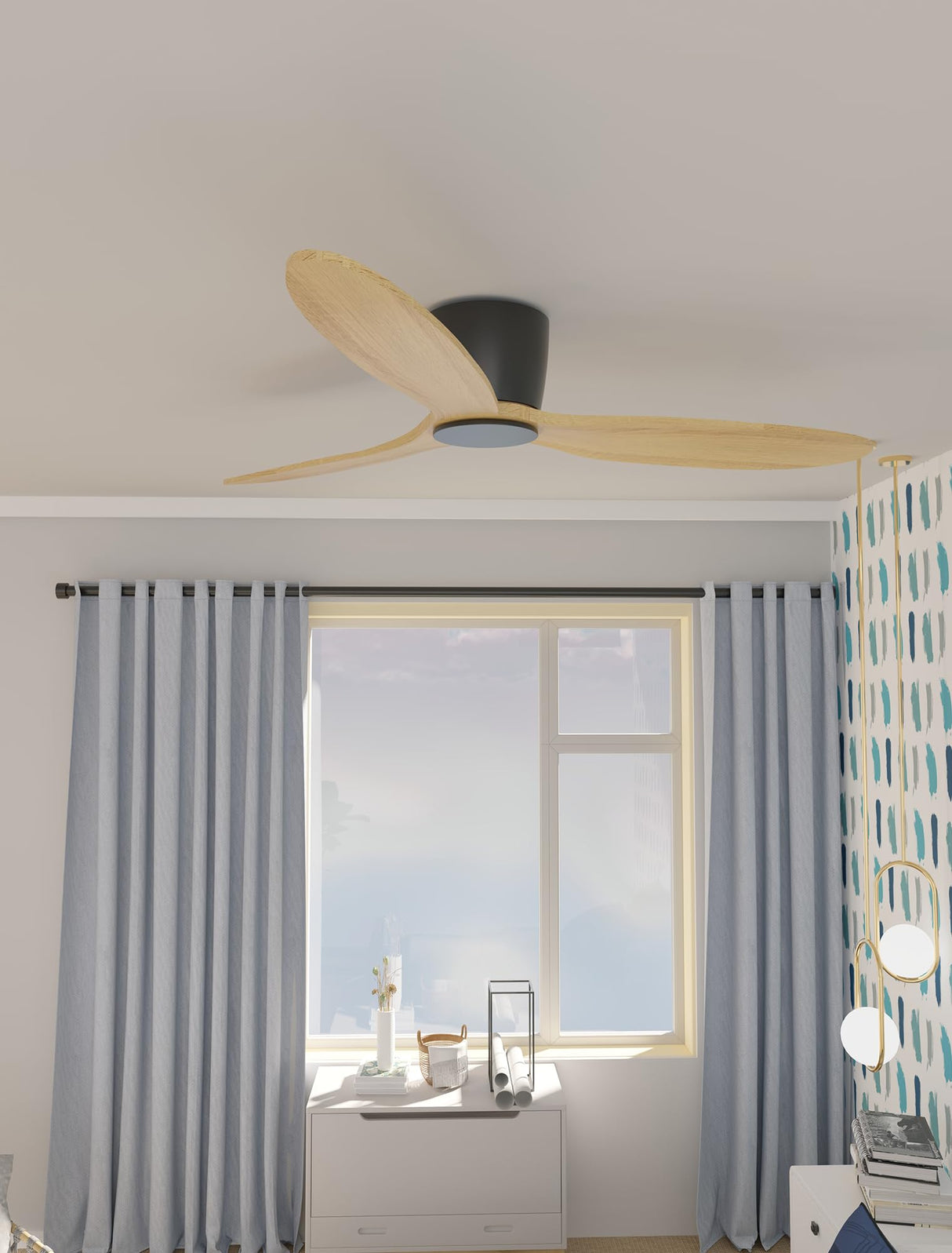 Flush Mount Ceiling Fan no light with Remote, 52 inch Low Profile Wood Ceiling Fan no light, Modern Ceiling Fan without light for Outdoor, Bedroom, Natural Wood and matte Black, DC Motor, 6 Speed OUATER
