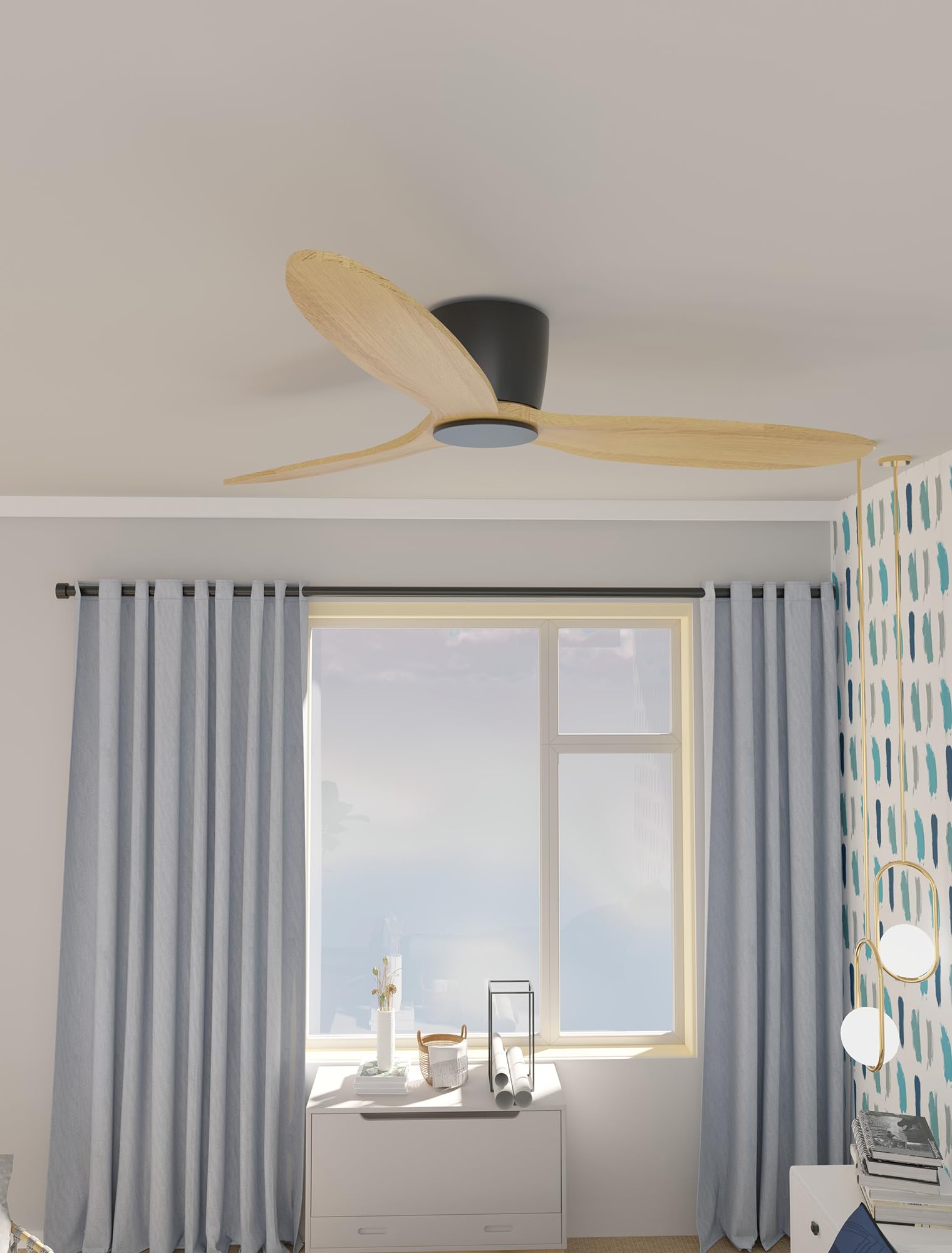 Flush Mount Ceiling Fan no light with Remote, 52 inch Low Profile Wood Ceiling Fan no light, Modern Ceiling Fan without light for Outdoor, Bedroom, Natural Wood and matte Black, DC Motor, 6 S - WoodArtSupply