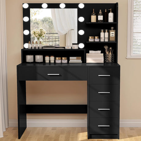 FGNTWP Makeup Vanity Desk with Mirror, 10 Lights, 5 Drawers, 3 Storage Shelves, 3 Color Modes & Adjustable Brightness Dressing Table, 35.4” Desk, Black FGNTWP