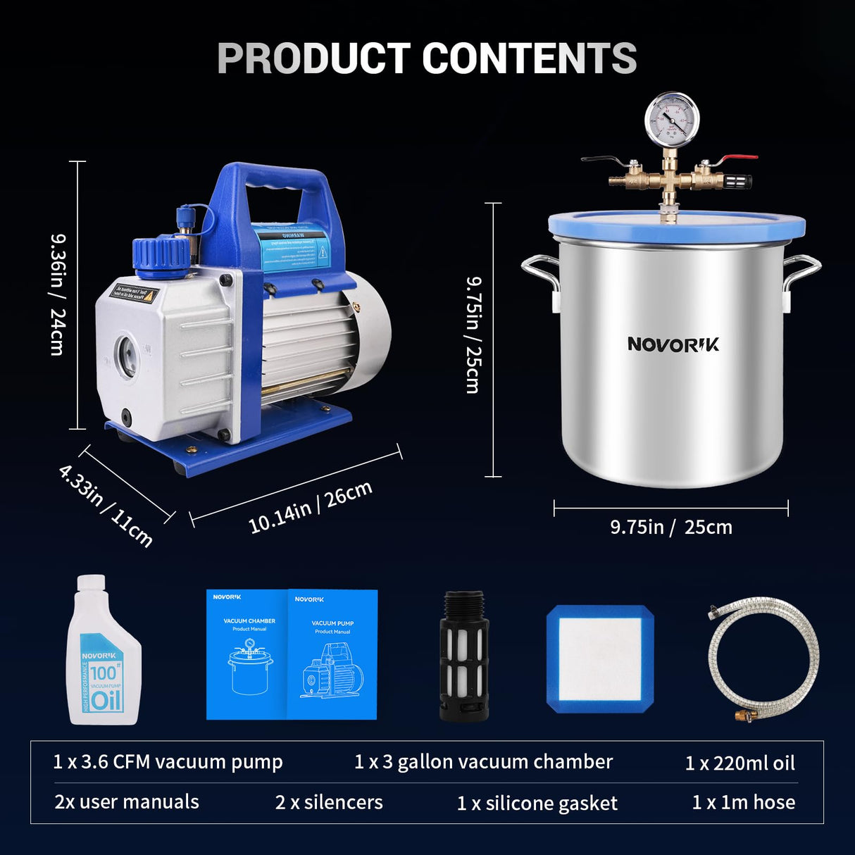 NOVORIK Vacuum Chamber with Pump Kit 3.6CFM 1/4HP Single Stage Vacuum Pump with Acrylic Lid Vacuum Chamber Kit for Stabilizing Wood, Degassing Silicone, Epoxies novorik