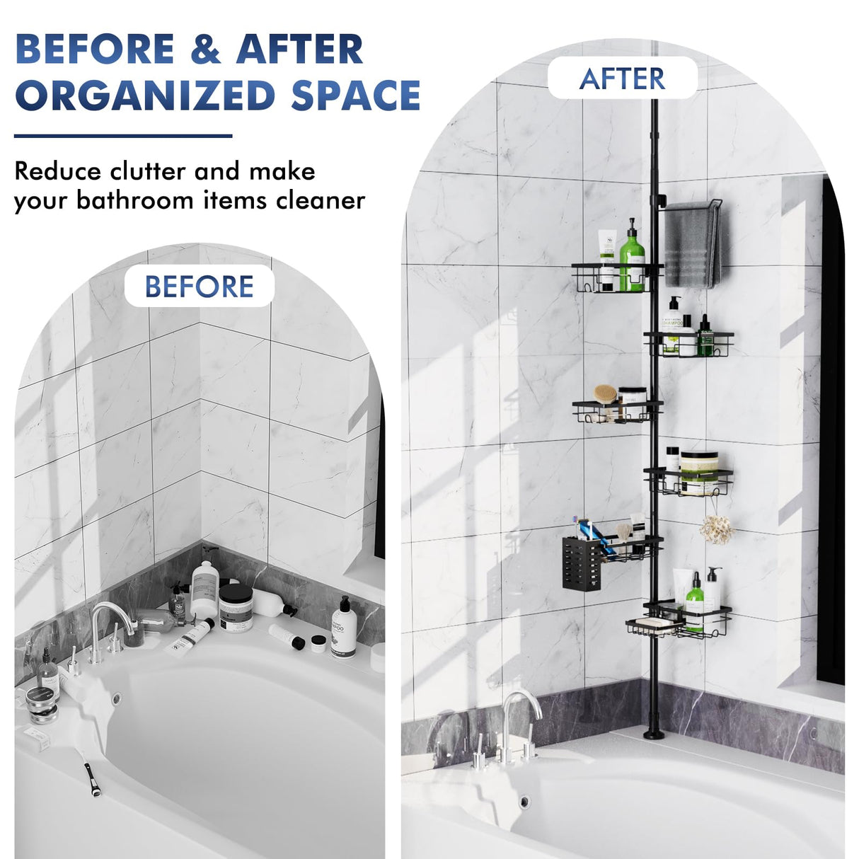Shower Caddy Organizer Tension Pole, Rustproof 6-Pack Corner Shelf with 30-120 Inch Adjustable Shower Rack for Inside Shower, Extra Towel Bar & Soap Dish for Bathroom Organizers and Storage, Black Vatex