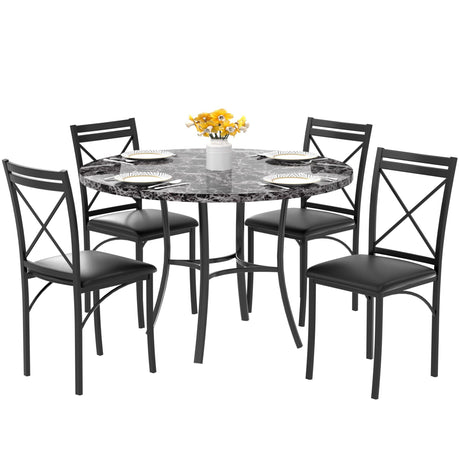 VECELO 5 Piece Dining Table Set for 4, Faux Marble Dinette with Chairs for Kitchen, Breakfast Nook, Small Space, Black VECELO