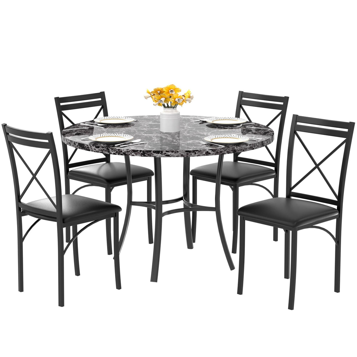 VECELO 5 Piece Dining Table Set for 4, Faux Marble Dinette with Chairs for Kitchen, Breakfast Nook, Small Space, Dark Black VECELO