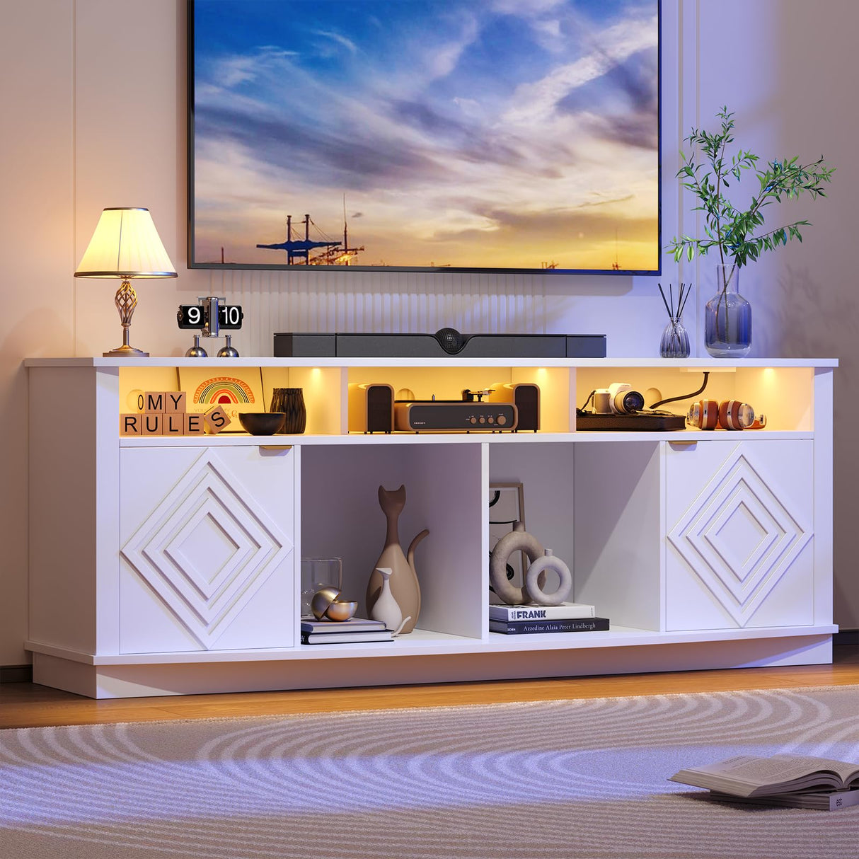 ONBRILL LED TV Stand for 80 Inch TV, Entertainment Center with Power Outlets, Modern TV Console Gaming Media Television Stands with Storage for Living Room, Bedroom, Gaming Room, 70 Inch, White ONBRILL