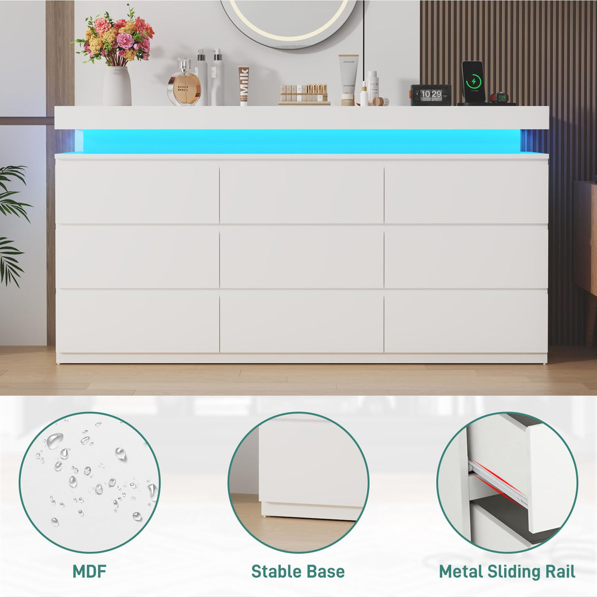 St.Mandyu 9 Drawer Dresser with Power Outlet, 63" Wide Dresser with LED Light, Modern Chest of Drawers for Closet, Double Drawer Organizer Cabinet for Bedroom, Living Room, White St.Mandyu