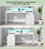 HOMBCK 67” White Desk with 3 Drawers and Storage, Reversible White Office Desk Computer Desk with Monitor Stand, Home Office Desk with LED Strips and Printer Standfor Bedroom HOMBCK
