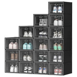 DWVO Large 18 Pack Shoe Storage Boxes, Plastic Stackable Shoe Storage Organizer for Closet, Fit up to US Size 13, Foldable Shoe Rack Clear Sneaker Containers (Black, Large) DWVO