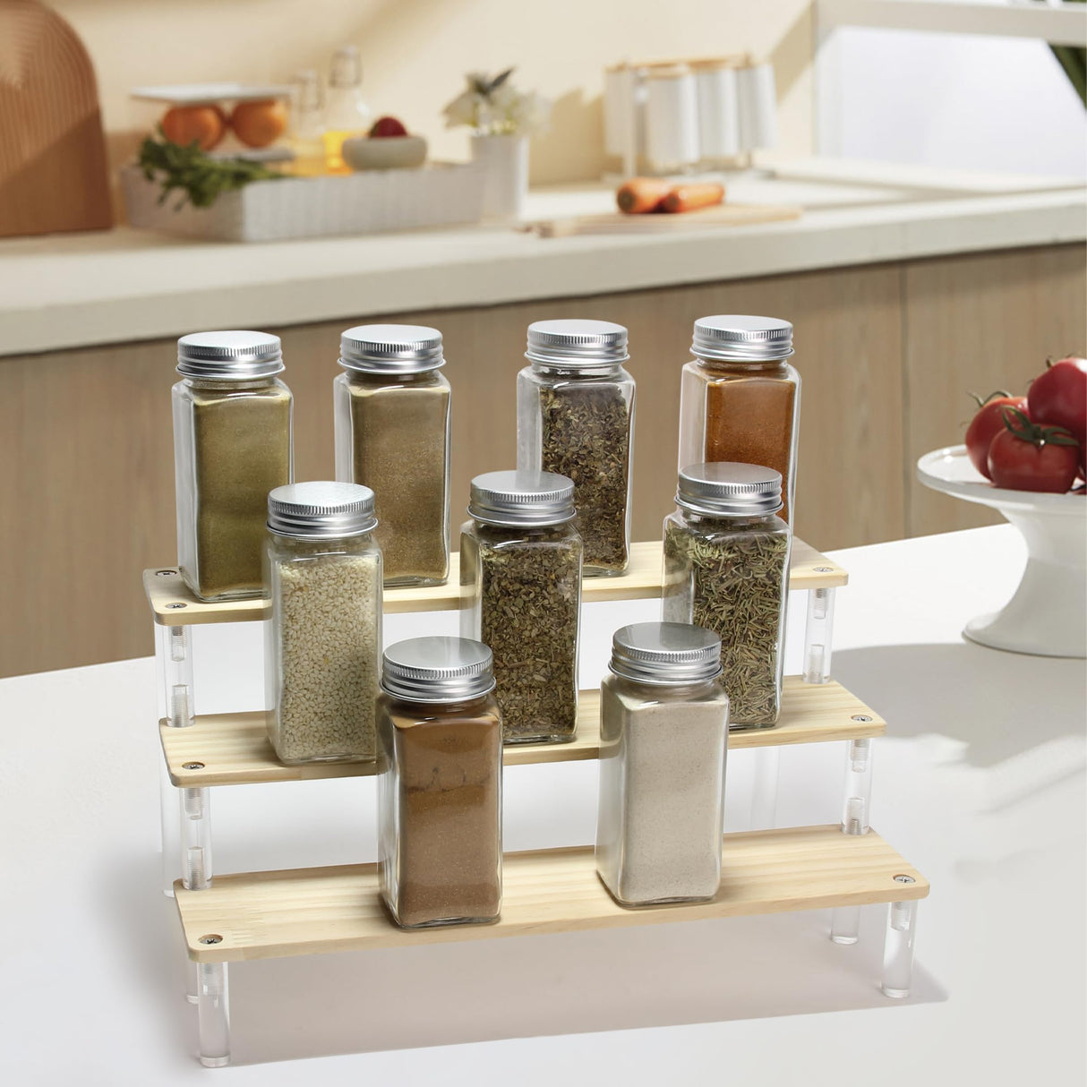 BYCY 2pcs Wooden Display Riser Stand,3 Tier Counter Shelf Spice Rack Organizer for Perfume Makeup and Dolls Collection, Step Ladder Cupcake Risers for Desserts Candies Craft Figurines (3T2P-M) BYCY