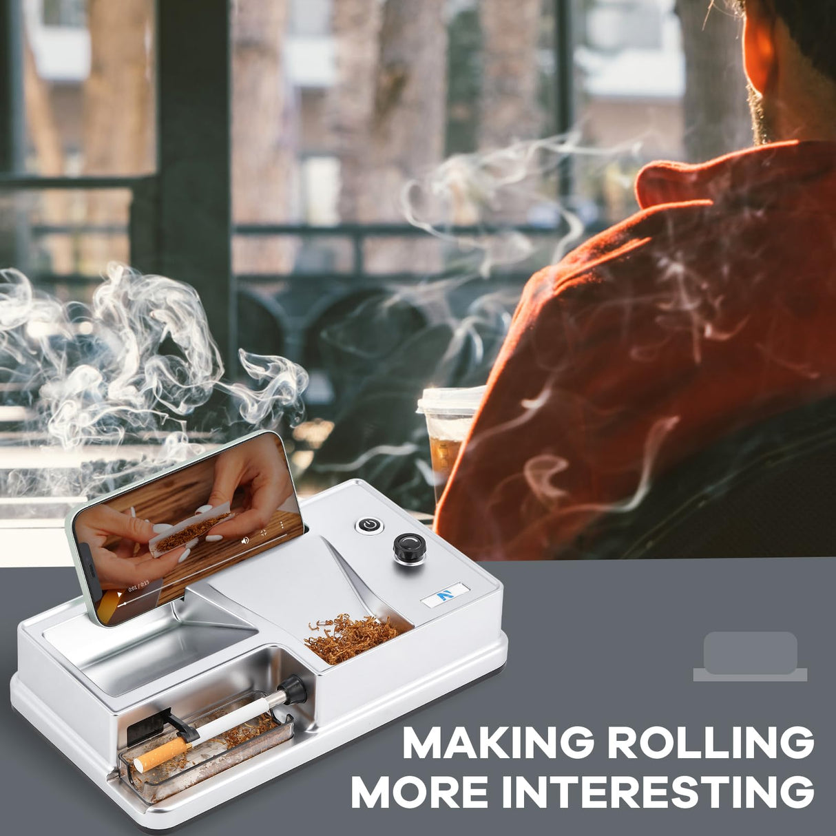 NEWTRY Infrared Sensor Cigarette Rolling Machine, Electric Automatic Tobacco Roller, Portable Tobacco Injector with 1 Brush, 1 Stirring Rod Silver (0.31’’) NEWTRY