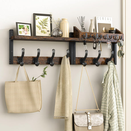 Evermagin 29" Coat Rack Wall Mount with Shelf, 4 in 1 Coat and Key Hanger with 11 Metal Hooks, Entryway Wall Mounted Shelf with Mail Holder for Living Room, Bedroom, Rustic Brown Evermagin