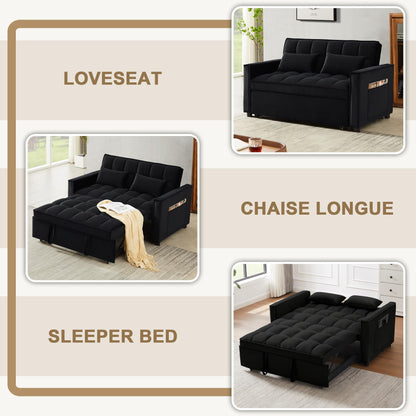 SumKea Pull Out Couch Bed Sleeper Sofa, Velvet 3-in-1 loveseat Sofa Bed with Pull-Out Bed, Two Throw Pillows, Balck