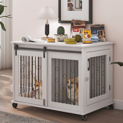 IchbinGo Dog Crate Furniture with Sliding Barn Door, 39" Wooden Dog Kennel End Table with Wheels and Flip-top Plate Dog House with Detachable Divider for Small/Medium/Large Dog (White) - WoodArtSupply