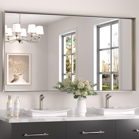 Keonjinn 55 x 30 In Brushed Nickel Bathroom Mirror for Wall, Rectangular Metal Framed Large Silver Vanity Mirror for Over Sink Square Corner Aluminum Alloy Modern Rectangle Mirror(Horizontal/Vertical) Keonjinn