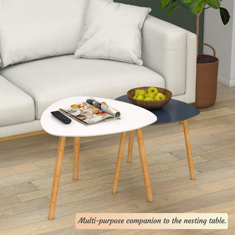 Bambloom Bamboo Nesting Coffee Tables - Small Coffee Table for Living Room, Set of 2 Triangle End Table Modern Side Table for Bedroom Apartment Balcony Yard Small Spaces, (White & Gray) Bambloom