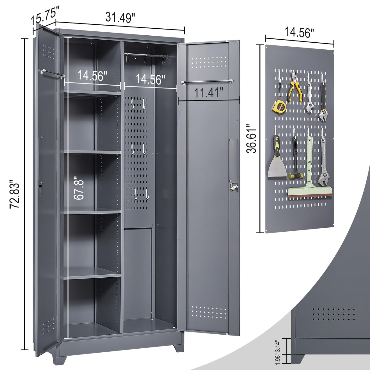 IRONFFICE Utility Cabinet,Heavy Duty Garage Cabinets with Shelves,Cabinet for Brooms and Mops for Laundry Room,Garage,Bathroom,Grey IRONFFICE