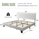 Feonase King Size Velvet Platform Bed Frame, Upholstered Bed with Button Tufted Headboard, Sturdy Wooden Slats & Heavy Duty Feet, No Box Spring Needed, Noise-Free, Easy Assembly, White Feonase