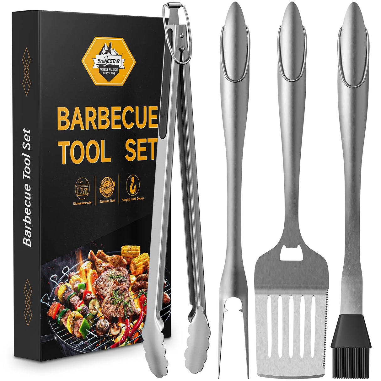 SHINESTAR Heavy Duty Grill Tools Set, Stainless Steel Grilling Accessories with Spatula, Tongs, Fork and Basting Brush, 4PCS, Ideal Grilling Gifts for Man SHINESTAR