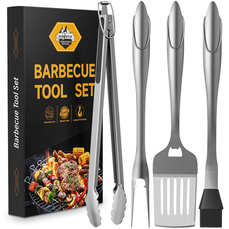 SHINESTAR Heavy Duty Grill Tools Set, Stainless Steel Grilling Accessories with Spatula, Tongs, Fork and Basting Brush, 4PCS, Ideal Grilling Gifts for Man SHINESTAR