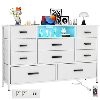 Harpaq White Dresser for Bedroom with 10 Drawers, Dresser with Charging Station, TV Stand Dresser with LED Light for 55" TV, Fabric Drawer Dresser with PU Finish, Chest Dresser for Bedroom, C - WoodArtSupply