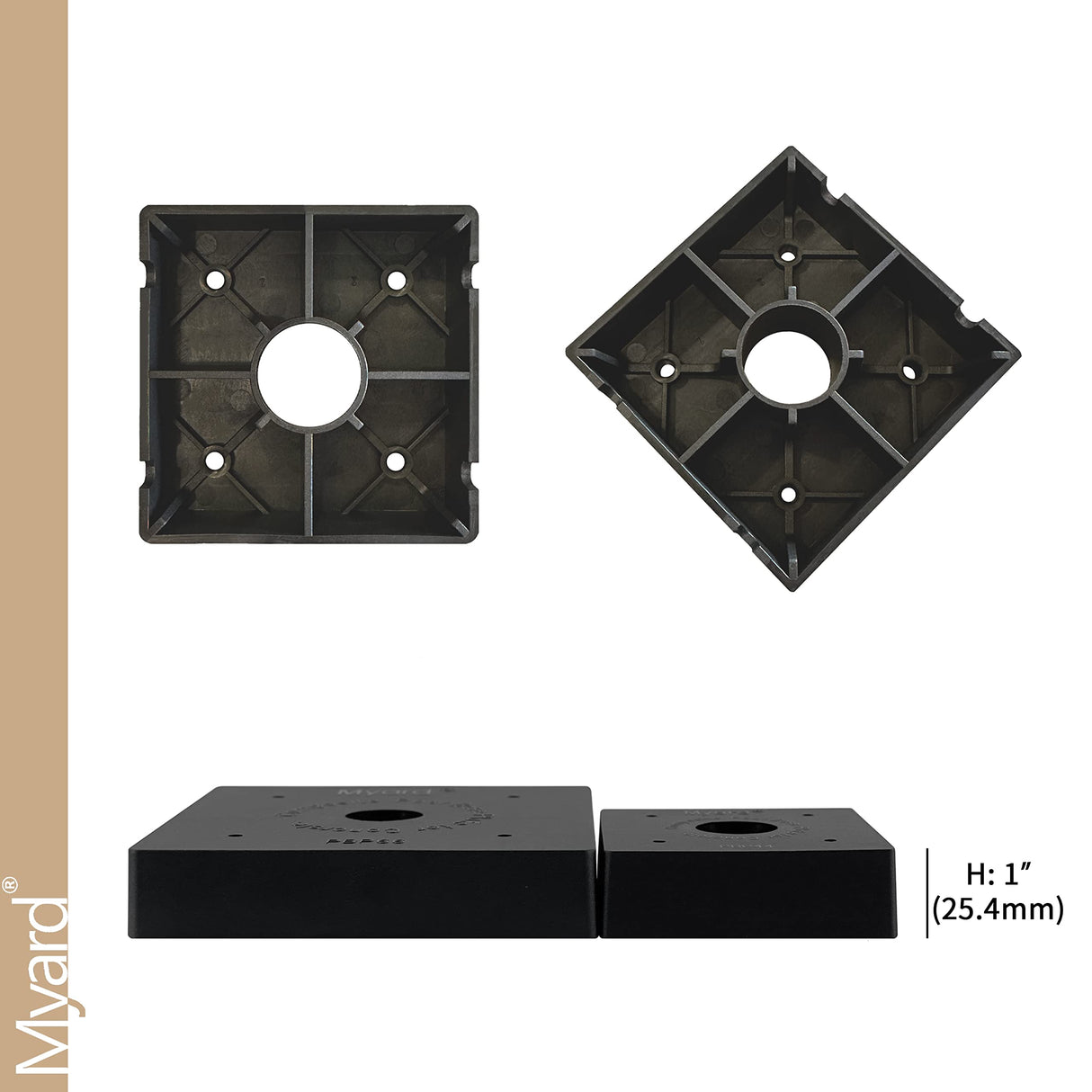 PBP Myard 4x4 Post Base Plate for Wood Post, Anti-UV Sturdy 1-inch Stand-Off Wood to Concrete Base Plate, Thickened Sides, Support Patio Decking, Pavilion, Porch, Handrail Railing (4" x 4", 4-Pack) Myard