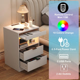 Yusong LED Nightstand Bedside Table with Charging Station 2 Drawers, White Modern Sofa Couch End Side Table with LED Lights and Pull-Out Shelf for Bedroom Living Room, Wooden Yusong
