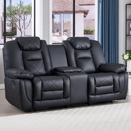 EBELLO Faux Leather Manual Loveseat Recliner Sofa, 2 Seat Reclining Couch Chair with Center Console, Hidden Storage and Cup Holders, Home Theater Seating for Living Room, Black (Loveseat) EBELLO