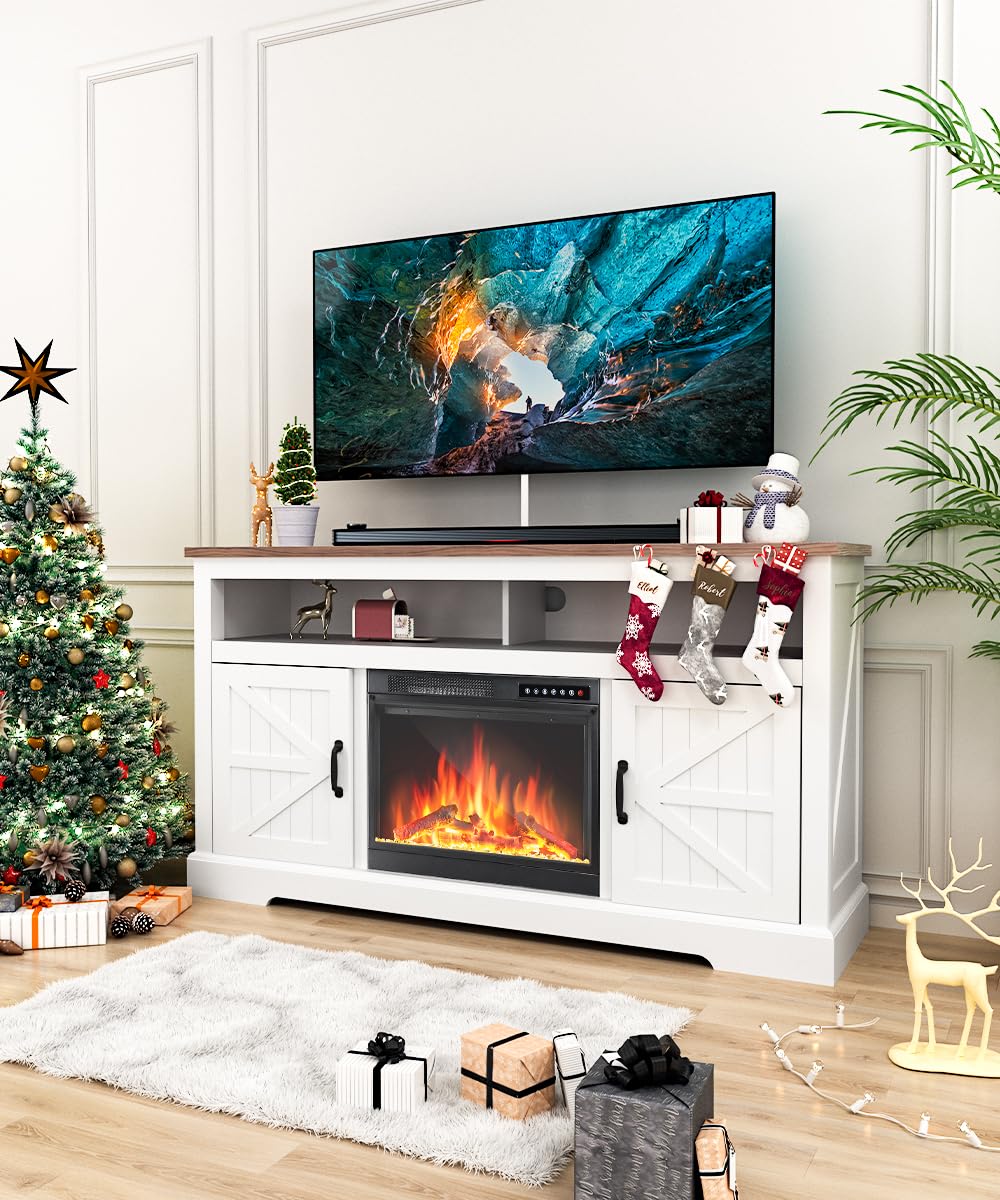 Cowsar 60" Fireplace TV Stand Mantel Wood Surround Firebox, Freestanding Fireplace Heater, Adjustable Led Flame, Remote Control, 750W-1500W, White