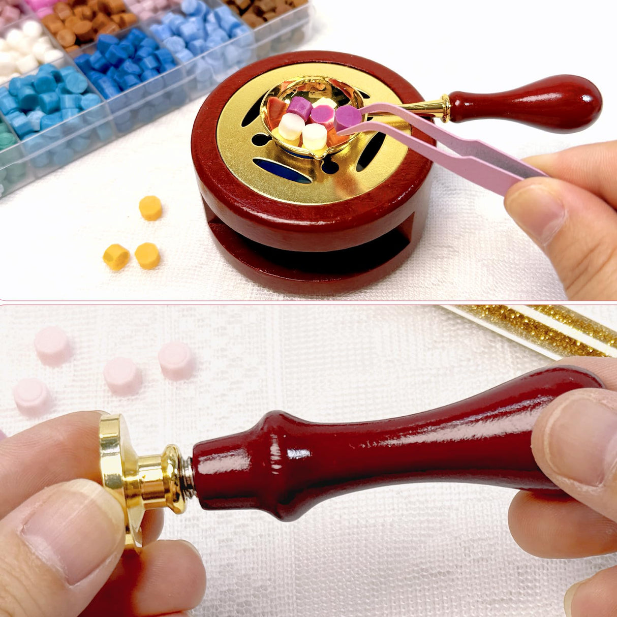 Wax Seal Kit, 24 Colors Sealing Beads, 2 Pcs Stamp,Sealing Wax Warmer, Metallic Pen, Envelope,Dried Flower,Candles for Wedding Birthday Gift and DIY Craft Xitalia