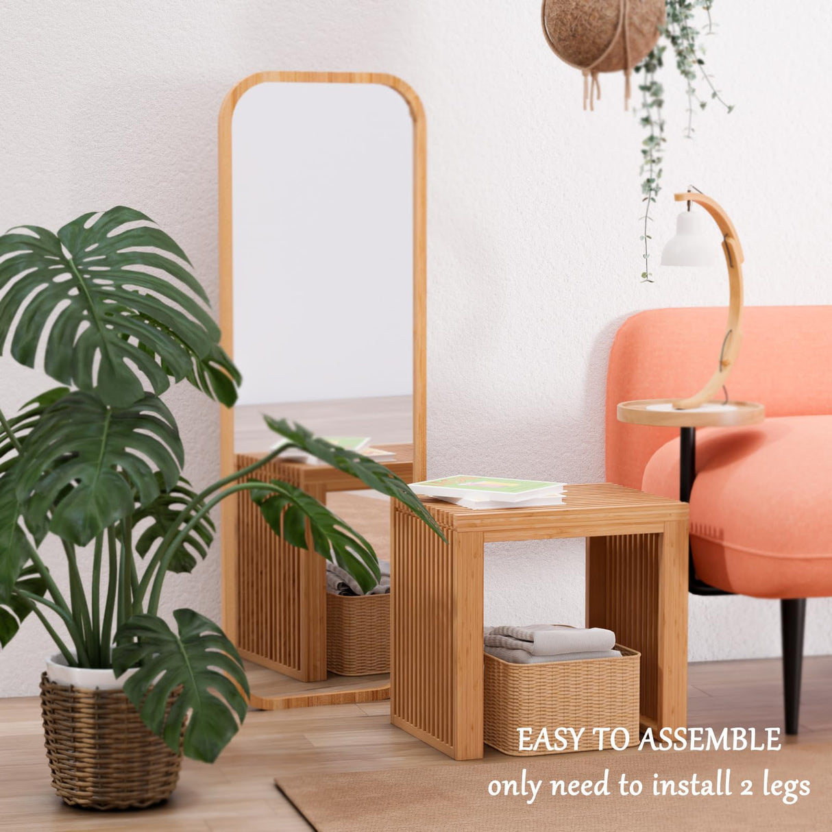 APRTAT Bamboo Dining Bench Indoor Small Bench Entryway Shoe Rack Bench,Outdoor Modern Wood Benches 17 Inch Bamboo Bench for Living Room Hallway Bedroom Bathroom APRTAT