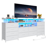 HAUOMS TV Stand Dresser for 65 Inch TV, 63" W Dresser with LED Lights & Charging Station, White Long Dresser with 12 Fabric Drawers, Entertainment Center with Shelves,for Living Room HAUOMS