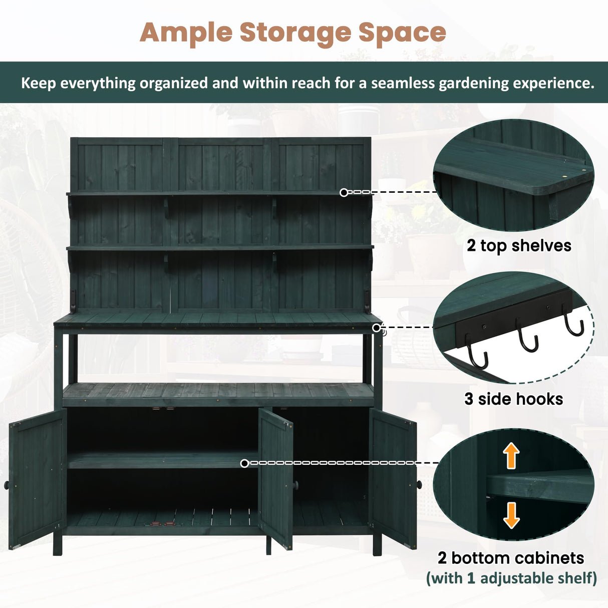 LZ LEISURE ZONE Potting Bench with Hutch, 50.2" Solid Fir Wood Garden Workstation with Large Countertop, 2 Shelves, 2 Cabinets and 3 Side Hooks, Outdoor Planting Table for Gardening, Green LZ LEISURE ZONE