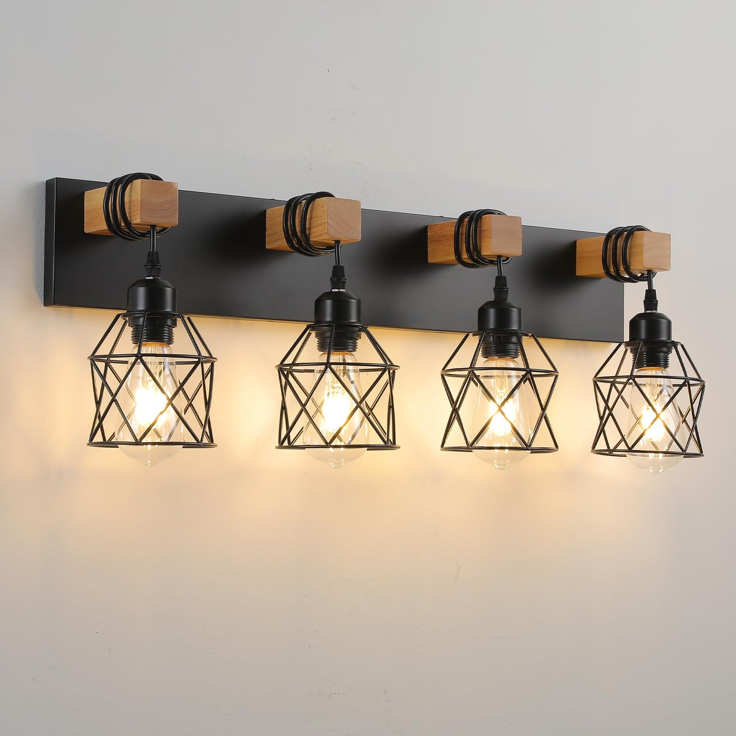 Farmhouse Vanity Light Fixture,4-Light Bathroom Lighting,Black Industrial Wood Wall Light Over Mirror with Metal Shade,LED Bulbs Included - WoodArtSupply