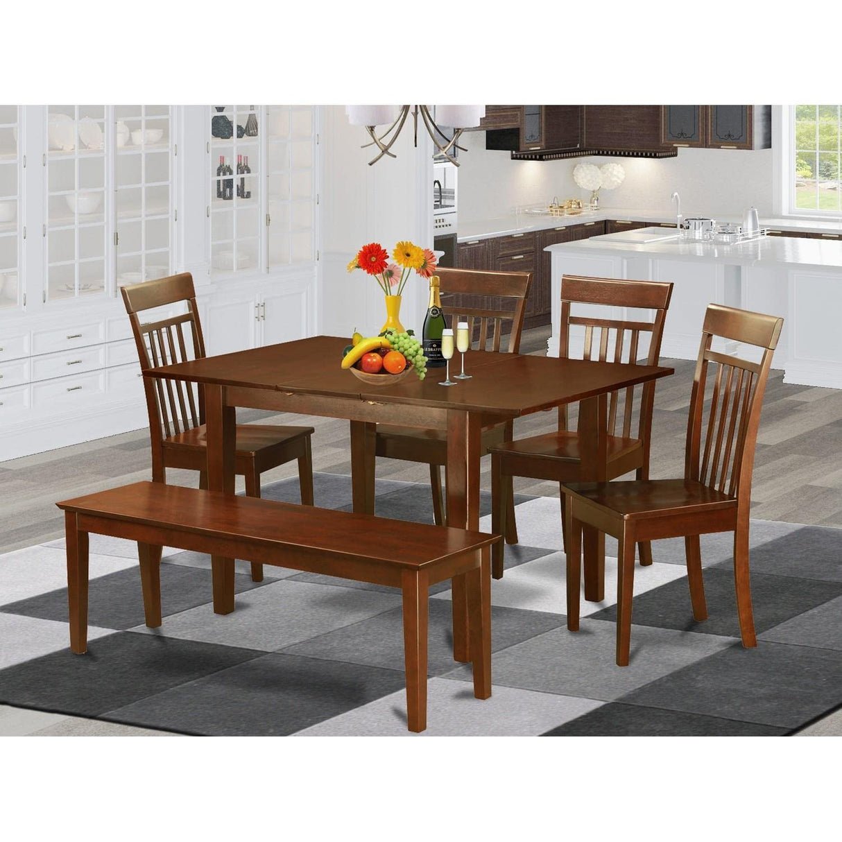 East West Furniture PSCA6C-MAH-W 6 Piece Room Furniture Set Contains a Rectangle Kitchen Table with Butterfly Leaf and 4 Dining Chairs with a Bench, 32x60 Inch East West Furniture