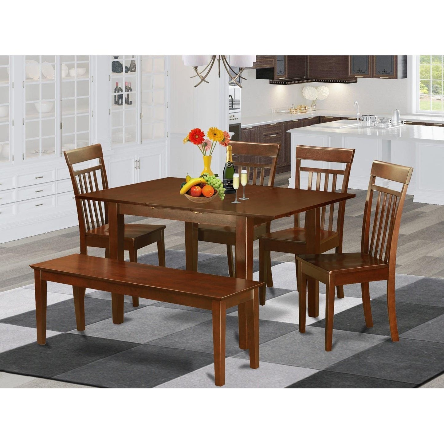 East West Furniture PSCA6C-MAH-W 6 Piece Room Furniture Set Contains a Rectangle Kitchen Table with Butterfly Leaf and 4 Dining Chairs with a Bench, 32x60 Inch - WoodArtSupply