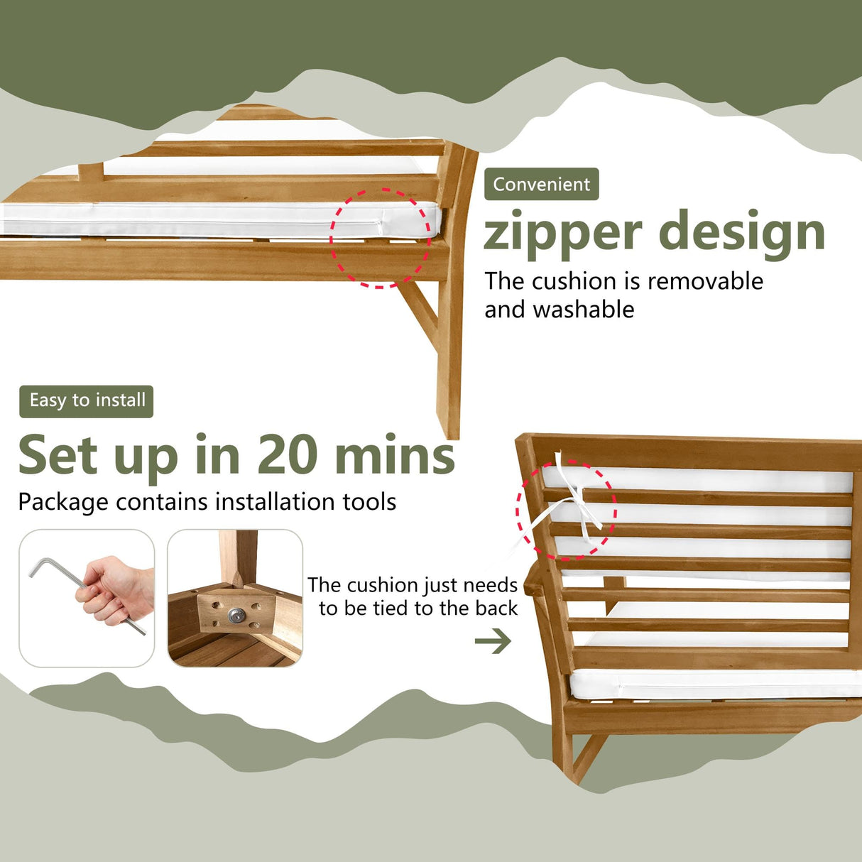 PayLessHere 3 Pieces Acacia Wood Patio Bistro Set with Water Resistant Cushions and Coffee Table for Backyard Garden Patio Furniture Outdoor Table Chair Set Outdoor Wood Chat Chairs Set PayLessHere