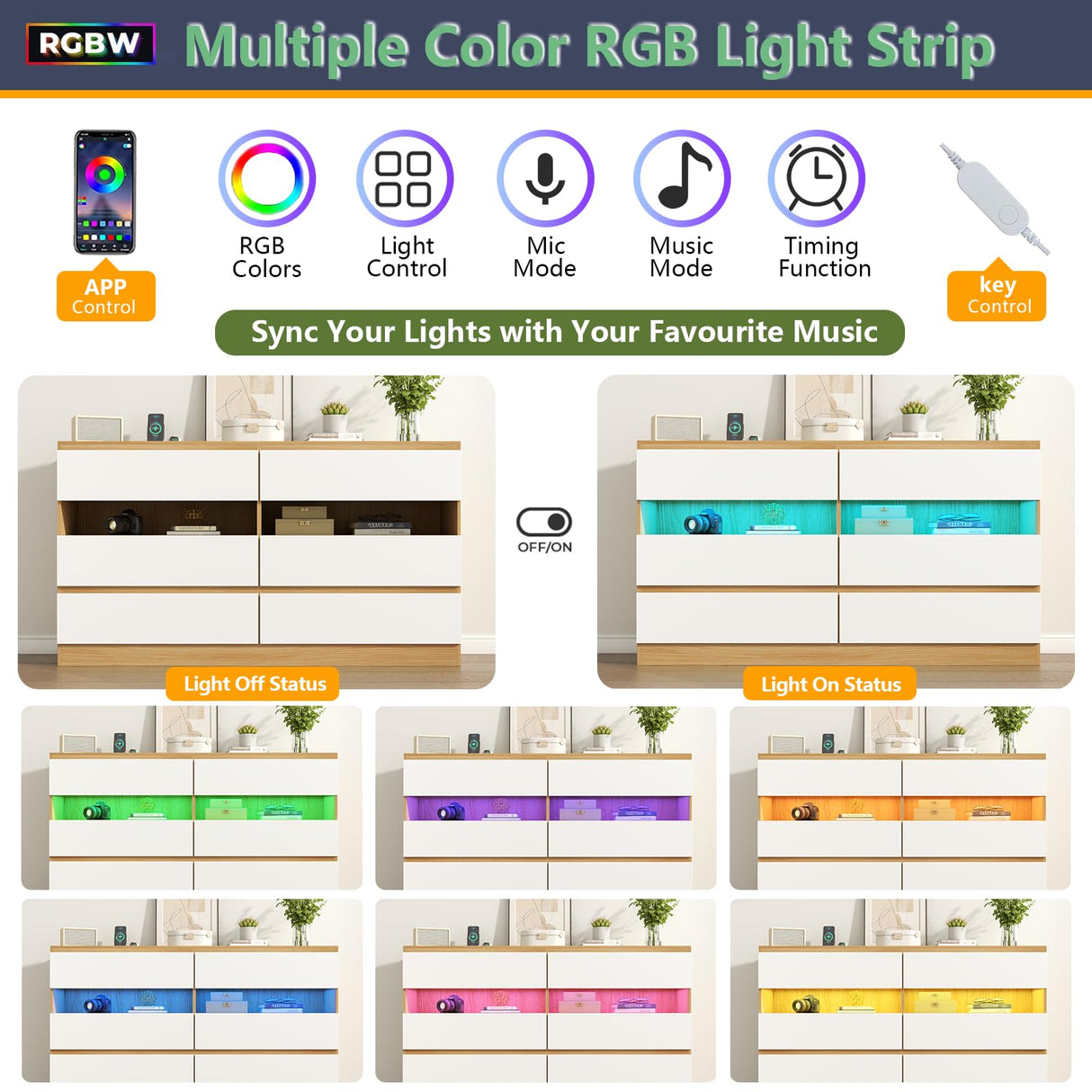 Gyfimoie 6 Drawer Dresser with Power Outlet & LED Light, Modern Chest of Drawers with 2 Open Cubbies, Double Wide Drawer Dresser Organizer, TV Stand for Bedroom, Entryway (White & Light Wood) Gyfimoie