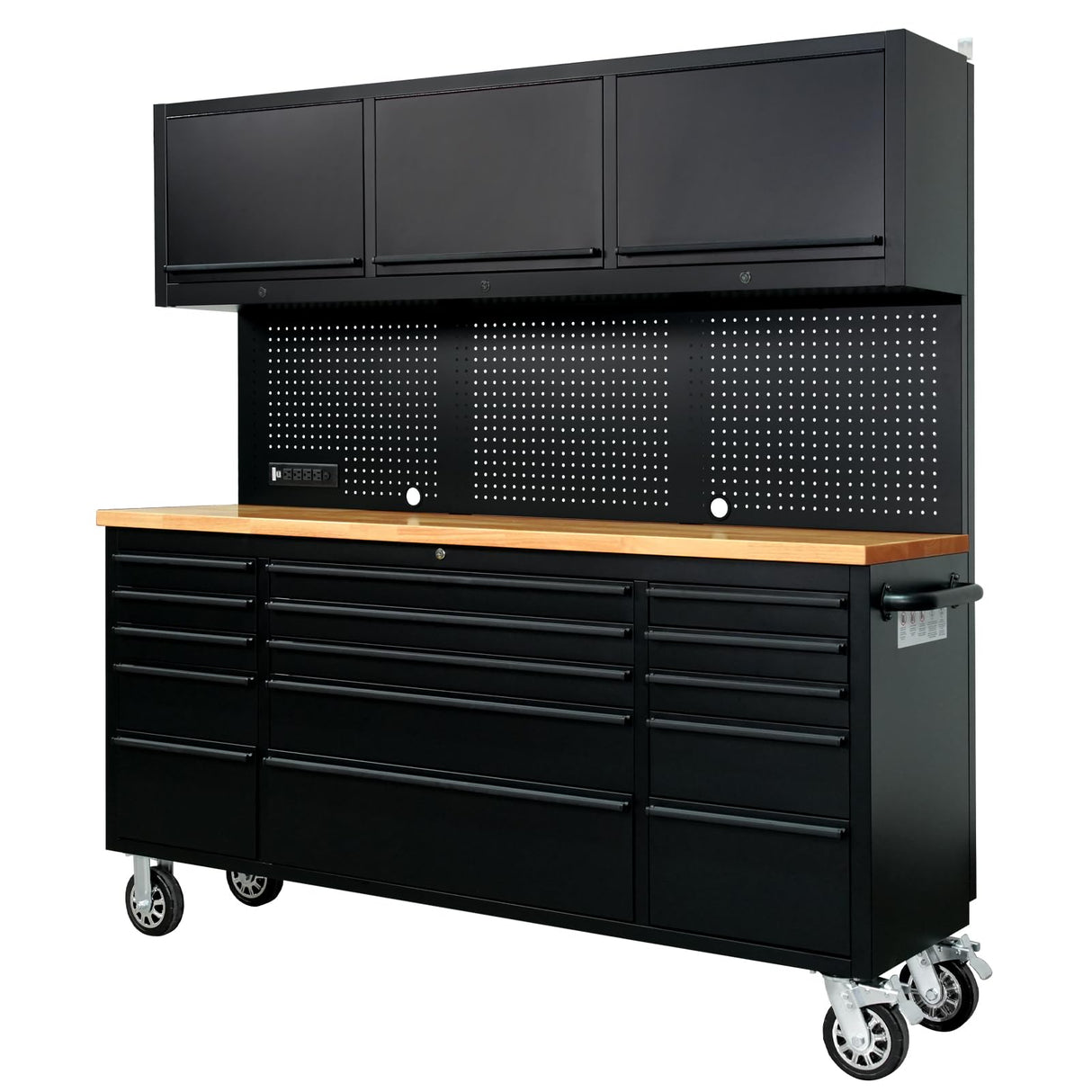CHETTO C 72-inch Rolling Tool Chest Cabinet Mobile Workbench with 15 Storage Drawers and Wheels 3 Uper Cabinet Outlet SS Pegboard Black Tool Box for Garage CHETTO C