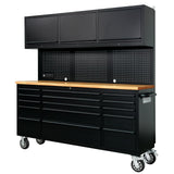 CHETTO C 72-inch Rolling Tool Chest Cabinet Mobile Workbench with 15 Storage Drawers and Wheels 3 Uper Cabinet Outlet SS Pegboard Black Tool Box for Garage CHETTO C