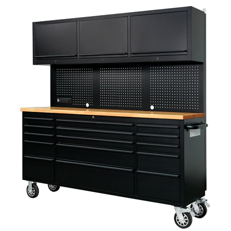 CHETTO C 72-inch Rolling Tool Chest Cabinet Mobile Workbench with 15 Storage Drawers and Wheels 3 Uper Cabinet Outlet SS Pegboard Black Tool Box for Garage CHETTO C