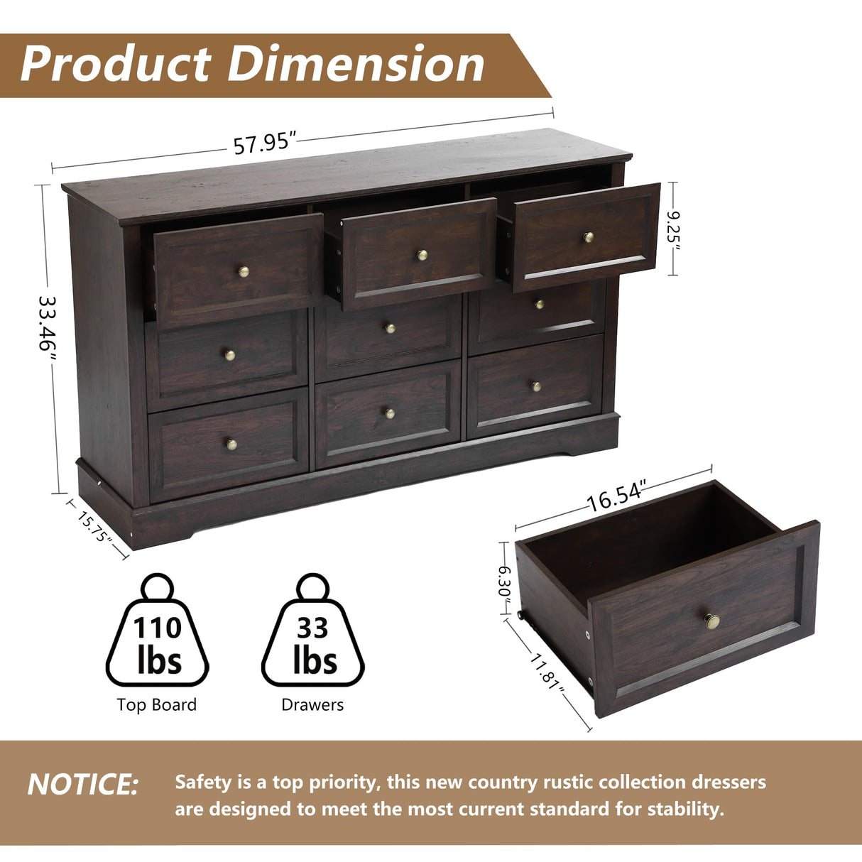 LOUVIXA Farmhouse Dresser 9 Drawer, Bedroom Chest of Drawers, Dressers with 9 Drawers, Wooden Dressers for Bedroom, Living Room, Tv Stand, Entryway (Brown-9 Drawers) LOUVIXA