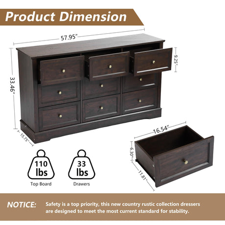 LOUVIXA Farmhouse Dresser 9 Drawer, Bedroom Chest of Drawers, Dressers with 9 Drawers, Wooden Dressers for Bedroom, Living Room, Tv Stand, Entryway (Brown-9 Drawers) LOUVIXA