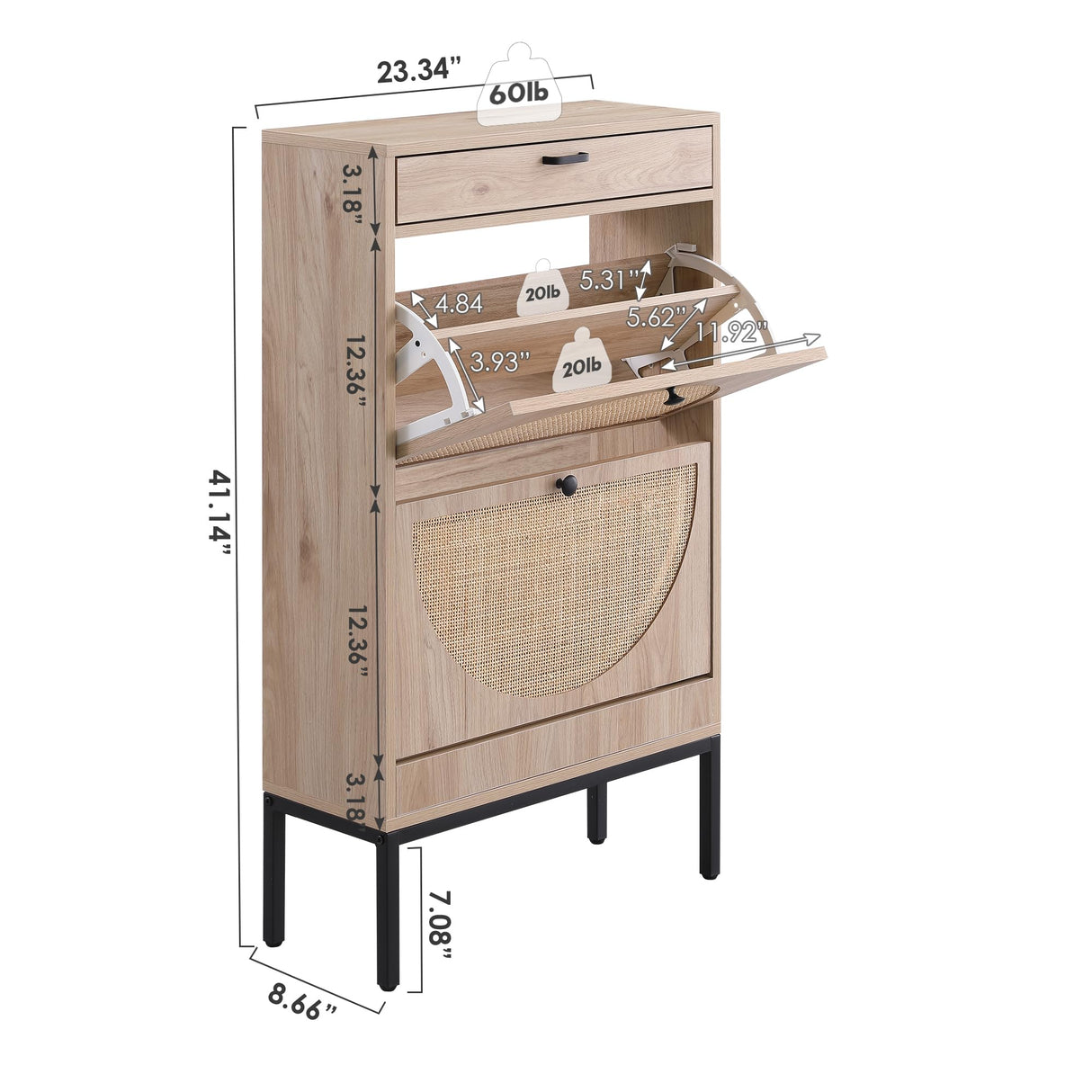 XIAO WEI Shoe Cabinet, Natural Semi Circle Rattan Shoe Storage Organizer Cabinet with 2 Flip Drawers, Freestanding Shoe Rack with Adjustable Shelf for Entryway XIAO WEI