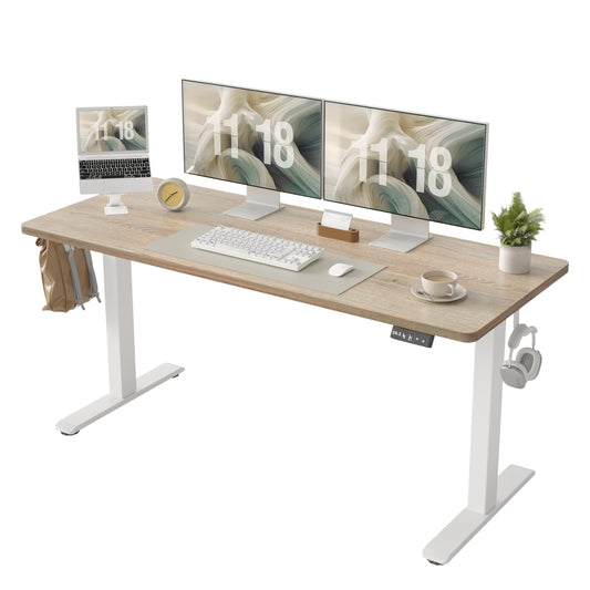 TIQLAB Standing Desk 63 x 24 inch, Electric Height Adjustable Desk with Splice Board, Stand Up Desk, Sit Stand Desk Computer Desk for Home Office, White Frame/Maple Top