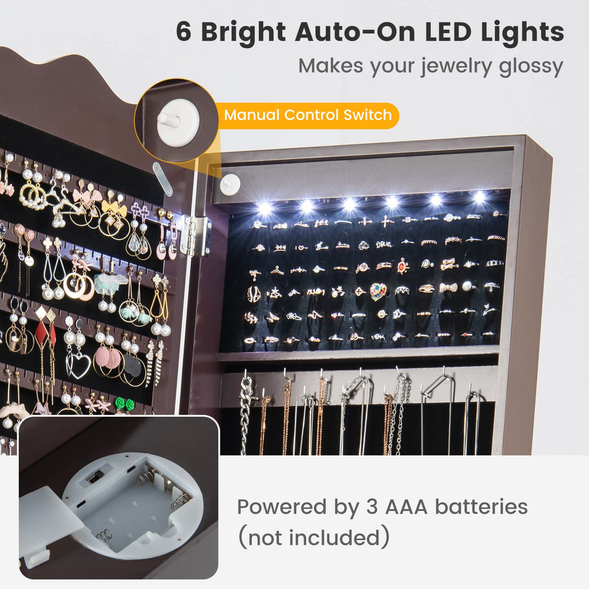 CHARMAID Rolling Jewelry Armoire with Full Length Mirror, Lockable Stand up Jewelry Cabinet with Lights and Wheels, Standing Jewelry Organizer with Drawers, Mirror with Jewelry Storage (Espresso) CHARMAID