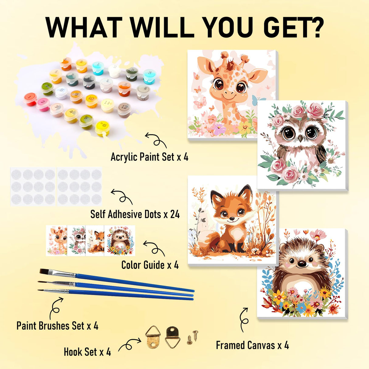 HEIBAGO Framed Paint by Numbers kit for Kids, 4 Pack Cute Animal Paint by Numbers for Kids Ages 8-12, Paint by Numbers Kits Children Beginner, DIY Acrylic Oil Painting for Home Wall Decor 8x8 inch HEIBAGO