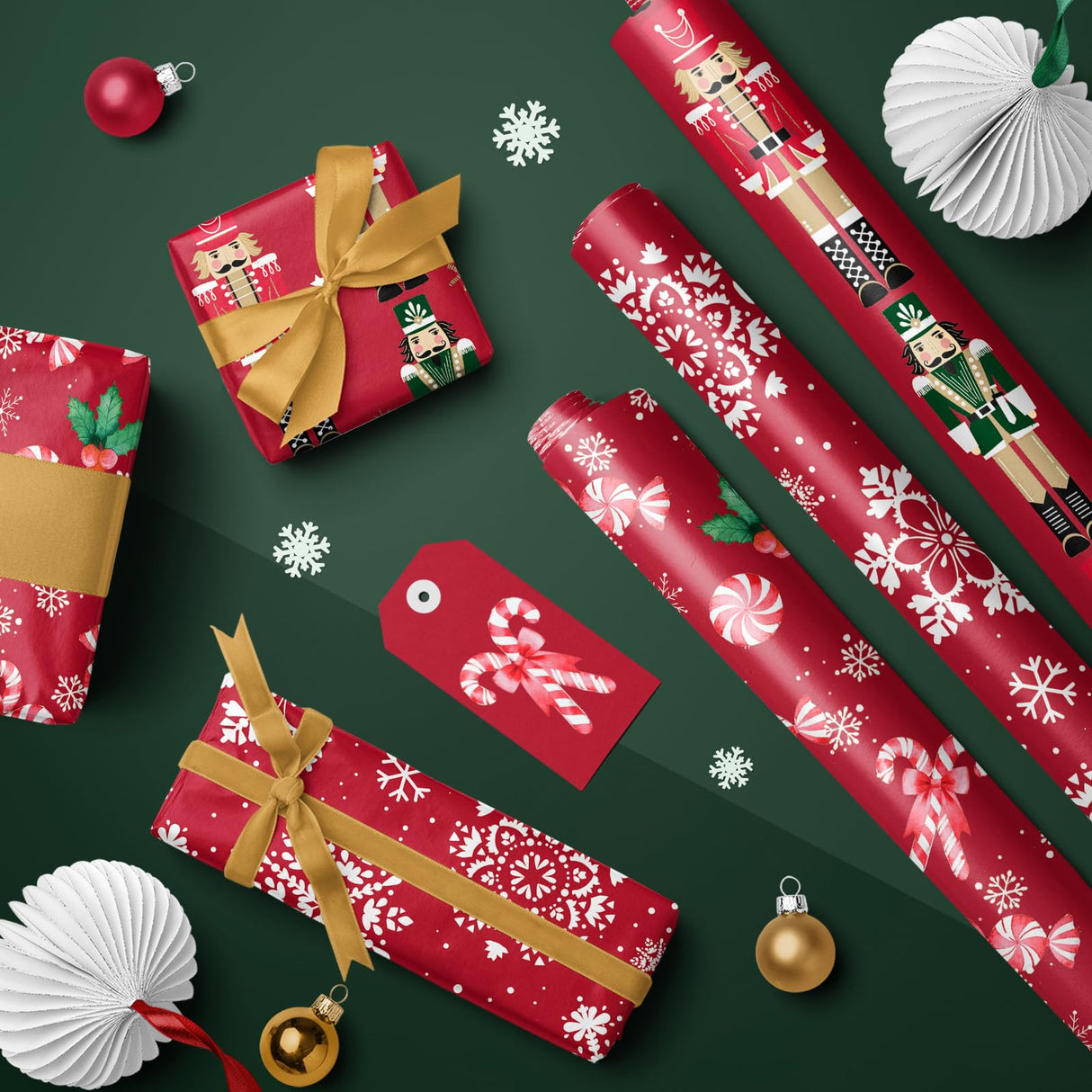 WRAPAHOLIC Christmas Wrapping Paper Roll - Mini Roll - 3 Rolls - 17 Inch x 120 Inch Per Roll - Red Nutcracker, Snowflake, Candy cane and Holly Holiday Collection WRAPAHOLIC