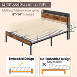 Furnulem Rustic Queen Platform Bed Frame with RGB LED Lights & Integrated Storage Headboard Furnulem